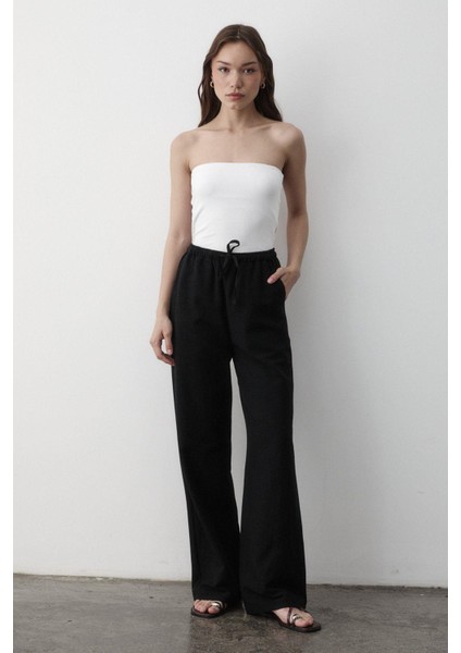 Kadın Beli Lastikli Bol Paça Palazzo Keten Pantolon