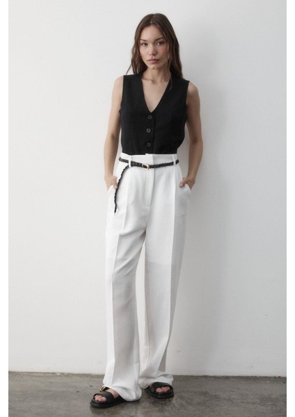 Kadın Keten Örgü Kemerli Beli Lastikli Yüksel Bel Palazzo Pantolon