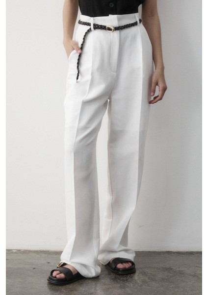Kadın Keten Örgü Kemerli Beli Lastikli Yüksel Bel Palazzo Pantolon fiyatları
