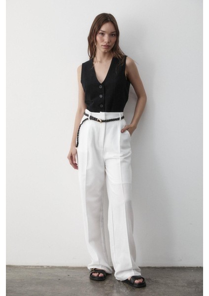 Kadın Keten Örgü Kemerli Beli Lastikli Yüksel Bel Palazzo Pantolon modelleri