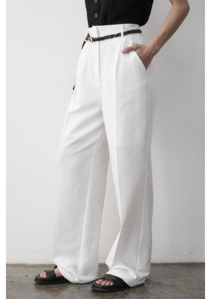 Kadın Keten Örgü Kemerli Beli Lastikli Yüksel Bel Palazzo Pantolon fırsatları