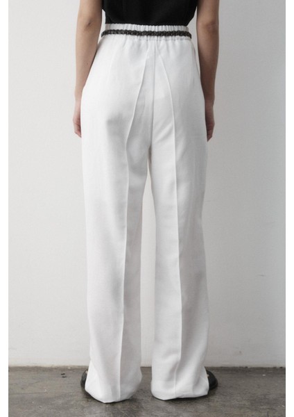 Kadın Keten Örgü Kemerli Beli Lastikli Yüksel Bel Palazzo Pantolon indirimleri