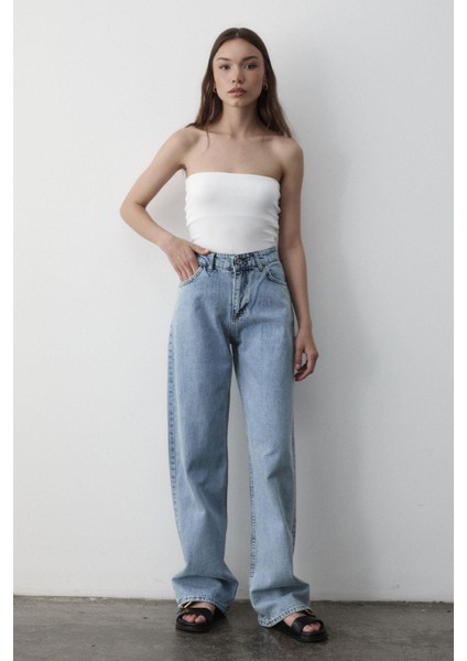 Kadın Yüksek Bel Geniş Paça Jean Pantolon