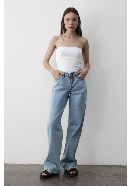 Kadın Yüksek Bel Geniş Paça Jean Pantolon fırsatları