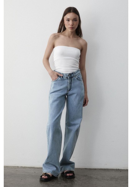 Kadın Yüksek Bel Geniş Paça Jean Pantolon indirimleri
