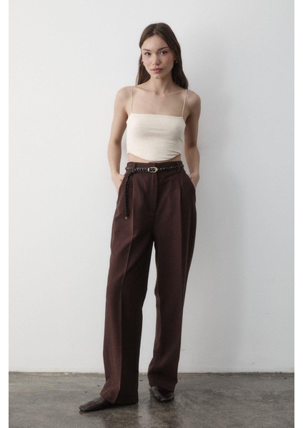 Kadın Keten Örgü Kemerli Beli Lastikli Yüksel Bel Palazzo Pantolon