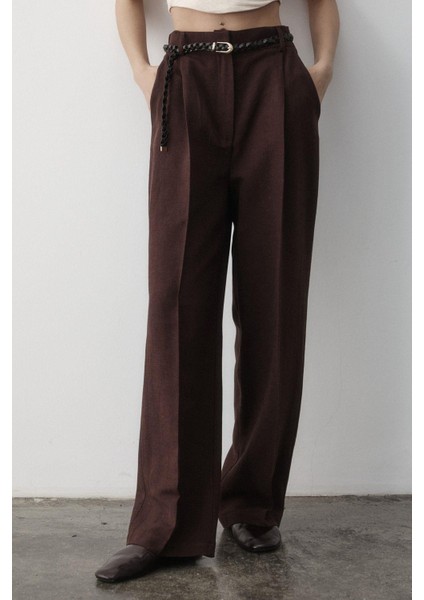 Kadın Keten Örgü Kemerli Beli Lastikli Yüksel Bel Palazzo Pantolon fiyatları