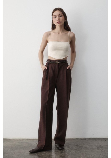 Kadın Keten Örgü Kemerli Beli Lastikli Yüksel Bel Palazzo Pantolon modelleri