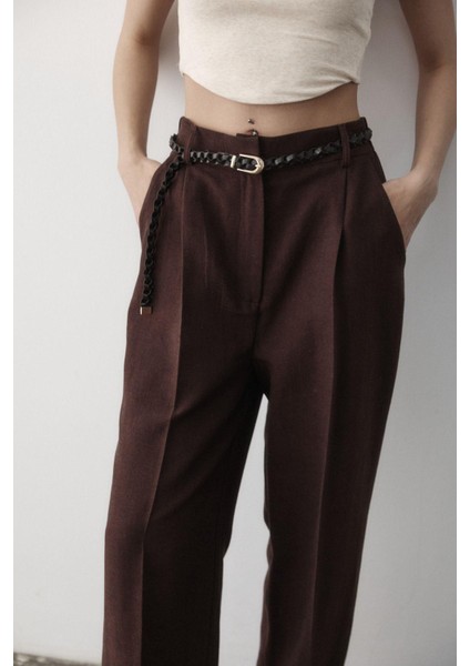 Kadın Keten Örgü Kemerli Beli Lastikli Yüksel Bel Palazzo Pantolon fırsatları