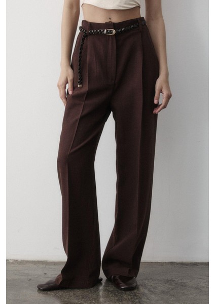 Kadın Keten Örgü Kemerli Beli Lastikli Yüksel Bel Palazzo Pantolon indirimleri