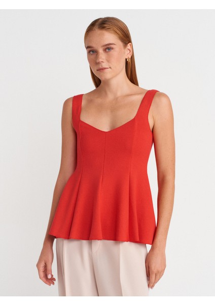 31973 Peplum Streç Top-Kırmızı