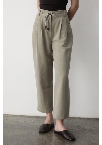 Kadın Yüksel Bel Boncuklu Bağcıklı Keten Pantolon
