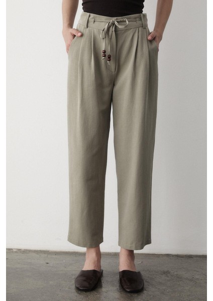 Kadın Yüksel Bel Boncuklu Bağcıklı Keten Pantolon fiyatları