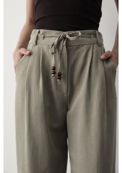Kadın Yüksel Bel Boncuklu Bağcıklı Keten Pantolon modelleri