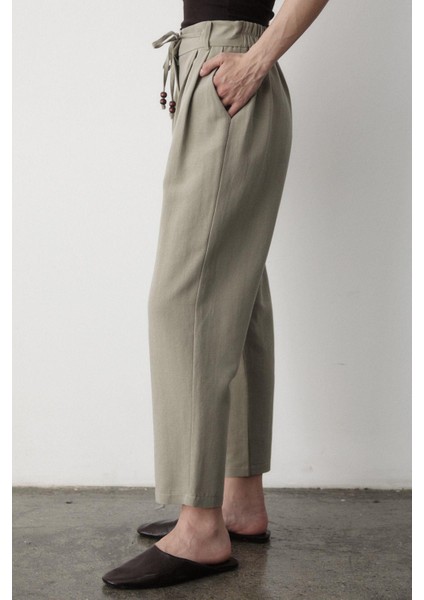 Kadın Yüksel Bel Boncuklu Bağcıklı Keten Pantolon fırsatları