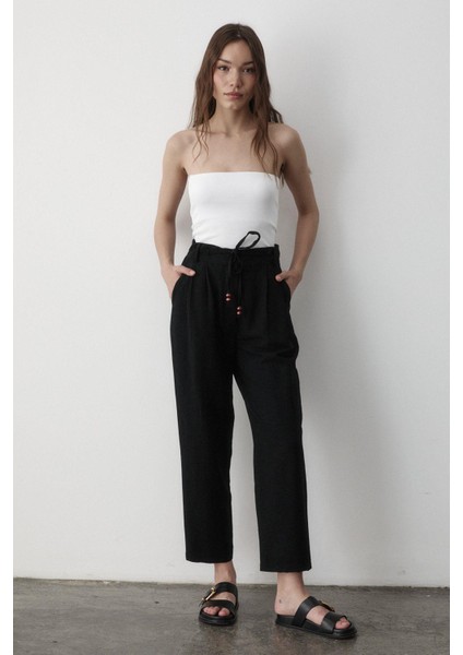 Kadın Yüksel Bel Boncuklu Bağcıklı Keten Pantolon