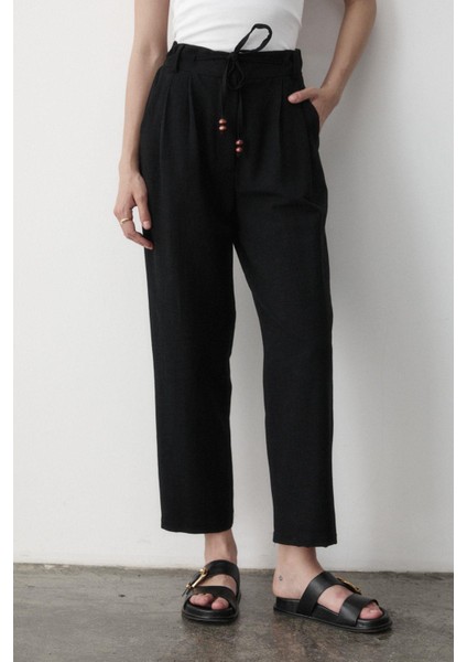 Kadın Yüksel Bel Boncuklu Bağcıklı Keten Pantolon fiyatları