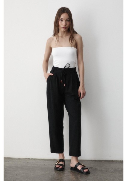 Kadın Yüksel Bel Boncuklu Bağcıklı Keten Pantolon modelleri