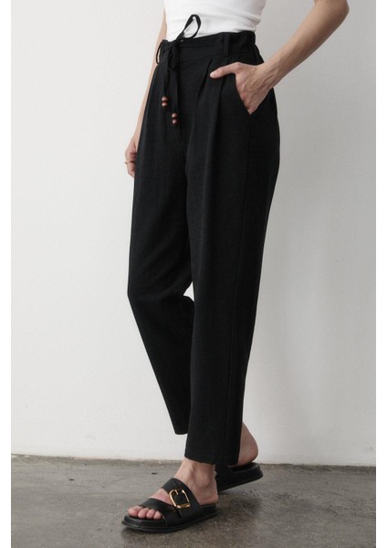 Kadın Yüksel Bel Boncuklu Bağcıklı Keten Pantolon fırsatları