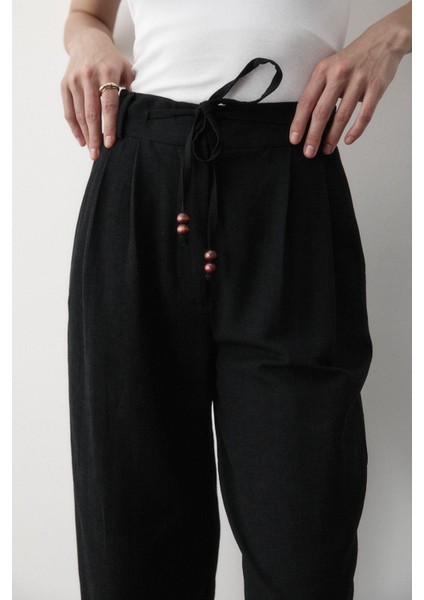 Kadın Yüksel Bel Boncuklu Bağcıklı Keten Pantolon indirimleri