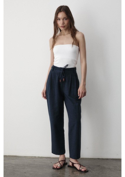 Kadın Yüksel Bel Boncuklu Bağcıklı Keten Pantolon