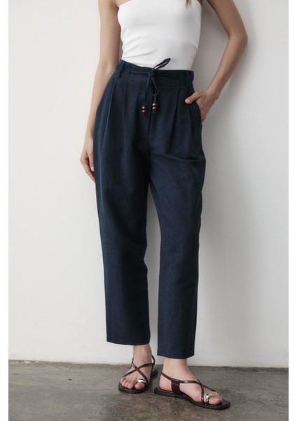 Kadın Yüksel Bel Boncuklu Bağcıklı Keten Pantolon fiyatları