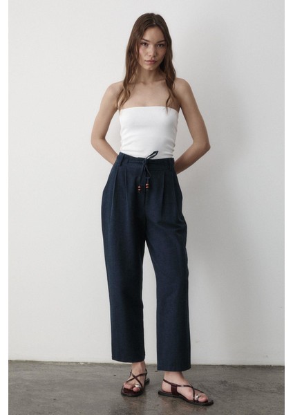 Kadın Yüksel Bel Boncuklu Bağcıklı Keten Pantolon modelleri
