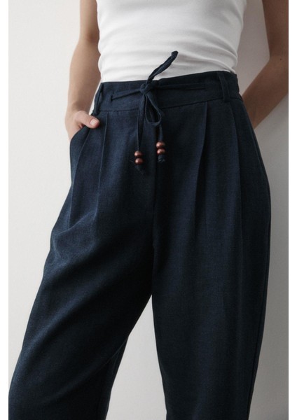 Kadın Yüksel Bel Boncuklu Bağcıklı Keten Pantolon fırsatları