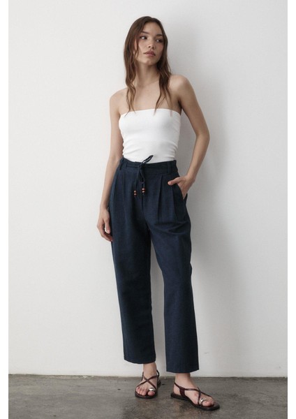 Kadın Yüksel Bel Boncuklu Bağcıklı Keten Pantolon indirimleri