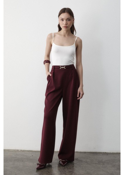 Kadın Likralı Toka Kemer Detaylı Lastikli Palazzo Pantolon