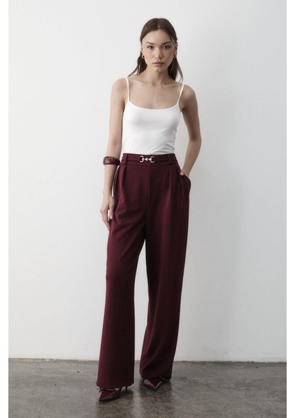 Kadın Likralı Toka Kemer Detaylı Lastikli Palazzo Pantolon modelleri