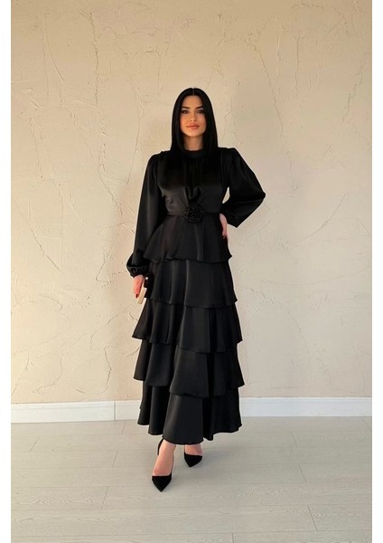 Siyah Saten Büzgülü Kat Kat Elbise fiyatları