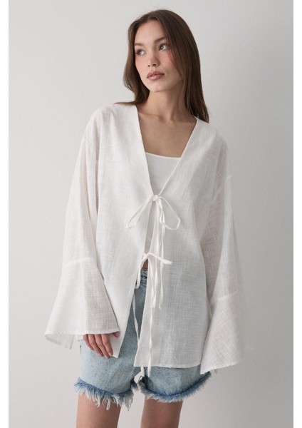 Kadın Çift Bağlama Keten Kimono