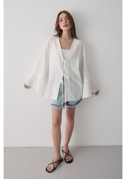 Kadın Çift Bağlama Keten Kimono fırsatları