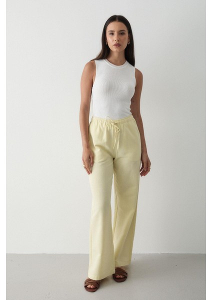 Kadın Beli Lastikli Bol Paça Palazzo Keten Pantolon