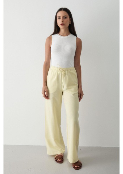 Kadın Beli Lastikli Bol Paça Palazzo Keten Pantolon modelleri