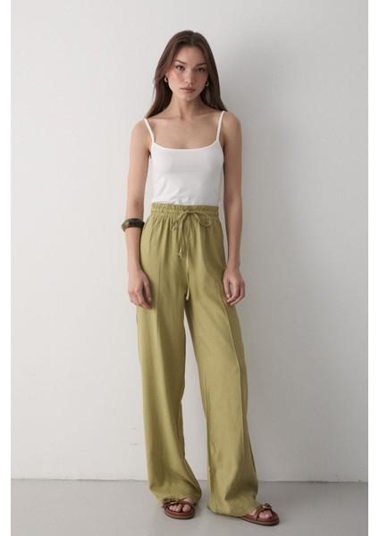 Kadın Beli Lastikli Bağcıklı Keten Pantolon