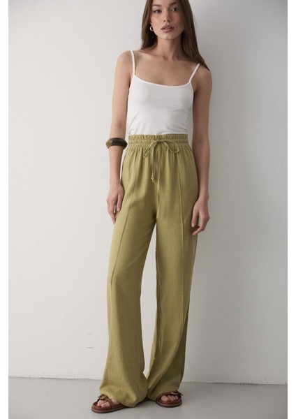 Kadın Beli Lastikli Bağcıklı Keten Pantolon modelleri