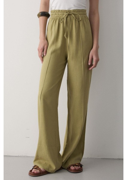 Kadın Beli Lastikli Bağcıklı Keten Pantolon indirimleri
