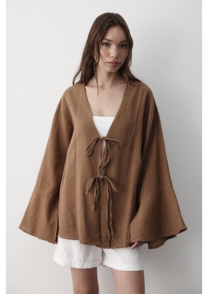 Kadın Çift Bağlama Keten Kimono