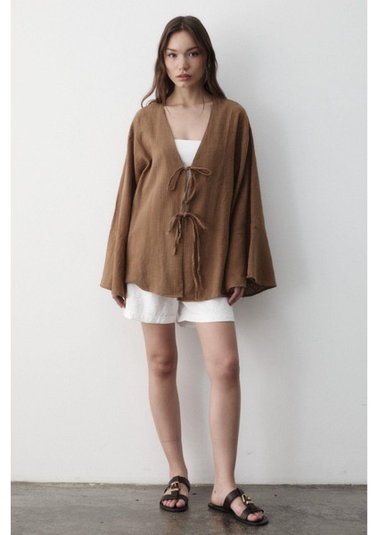 Kadın Çift Bağlama Keten Kimono fırsatları