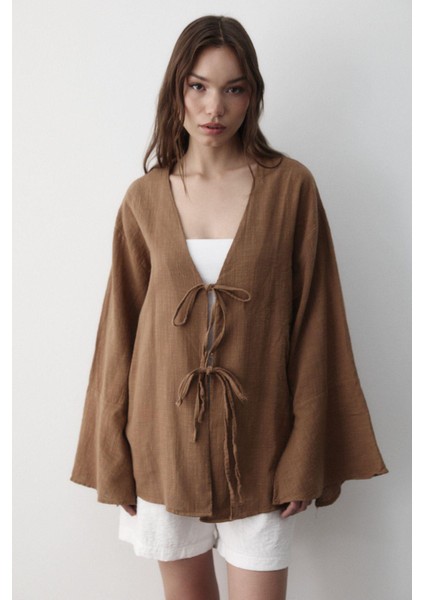 Kadın Çift Bağlama Keten Kimono indirimleri