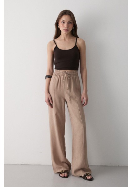Kadın Beli Lastikli Bağcıklı Keten Pantolon
