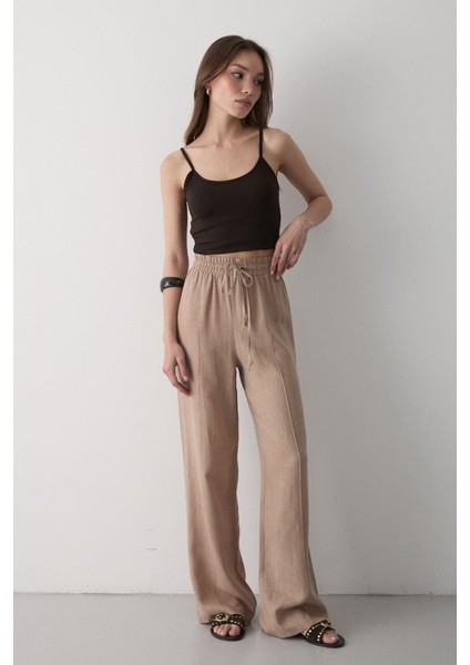 Kadın Beli Lastikli Bağcıklı Keten Pantolon fiyatları