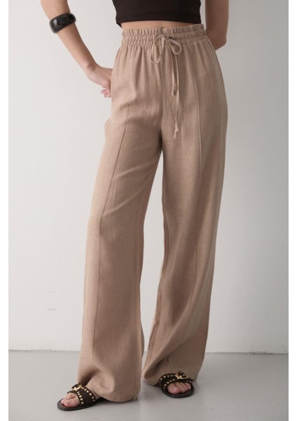 Kadın Beli Lastikli Bağcıklı Keten Pantolon modelleri