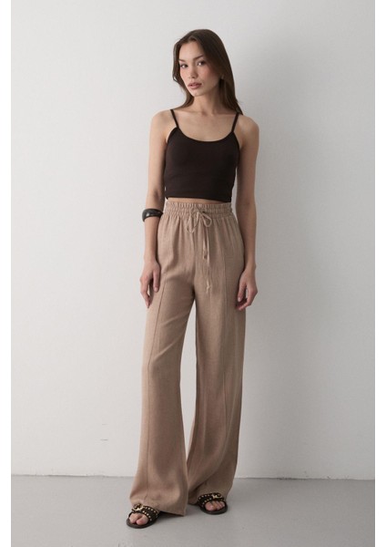 Kadın Beli Lastikli Bağcıklı Keten Pantolon fırsatları