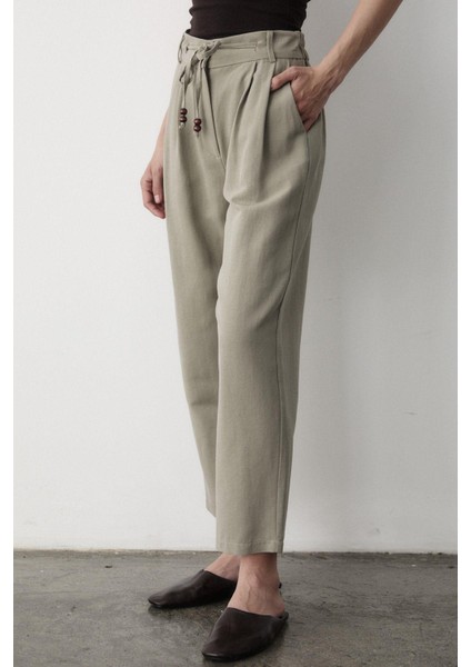 Kadın Yüksel Bel Boncuklu Bağcıklı Keten Pantolon indirimleri