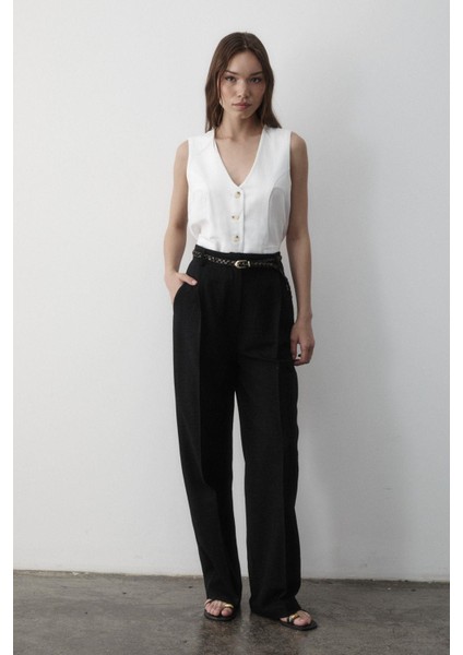 Kadın Keten Örgü Kemerli Beli Lastikli Yüksel Bel Palazzo Pantolon