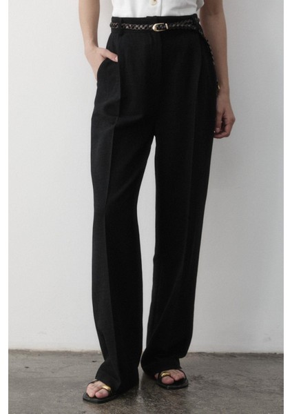 Kadın Keten Örgü Kemerli Beli Lastikli Yüksel Bel Palazzo Pantolon fırsatları