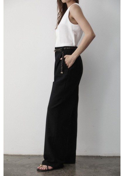 Kadın Keten Örgü Kemerli Beli Lastikli Yüksel Bel Palazzo Pantolon indirimleri